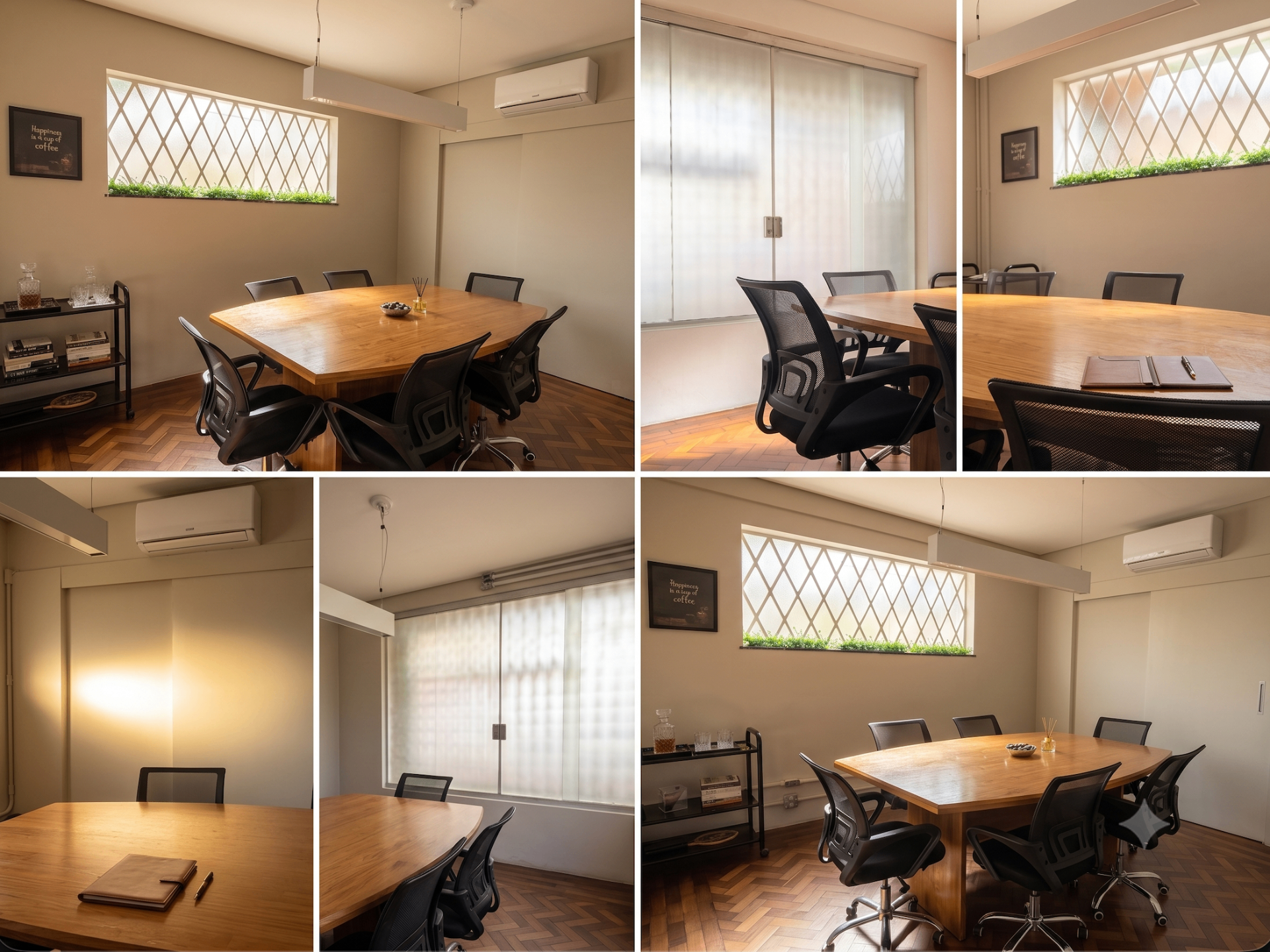 Sala privativa para 6 pessoas com mesa de madeira central e iluminação natural