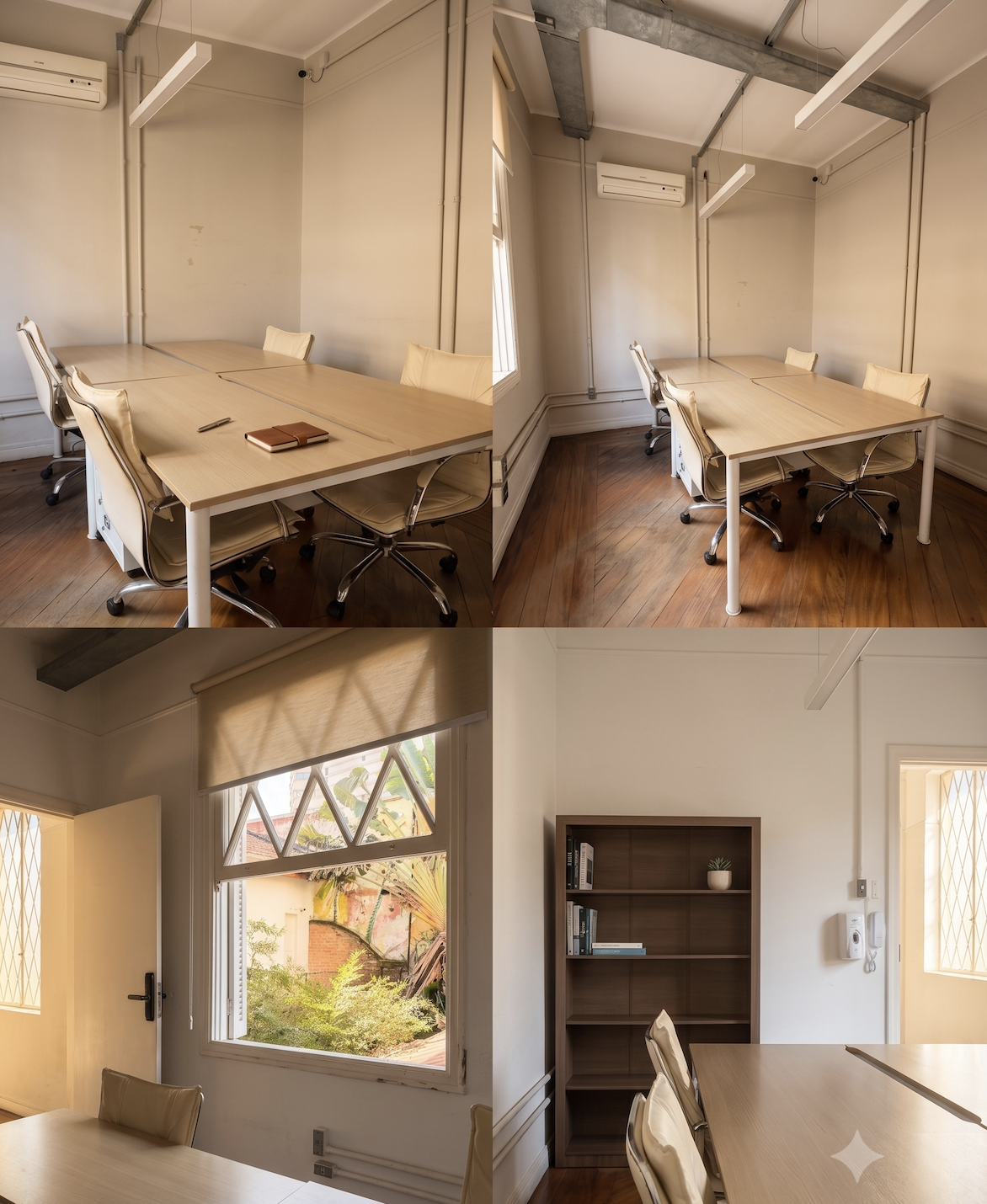 Sala privativa para 4 pessoas com mesa compartilhada, cadeiras claras e vista para o jardim